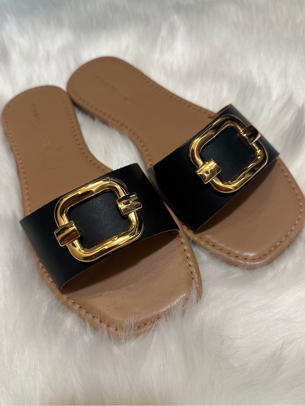 Madden Girl Black Slide Sandals with Gold Buckle